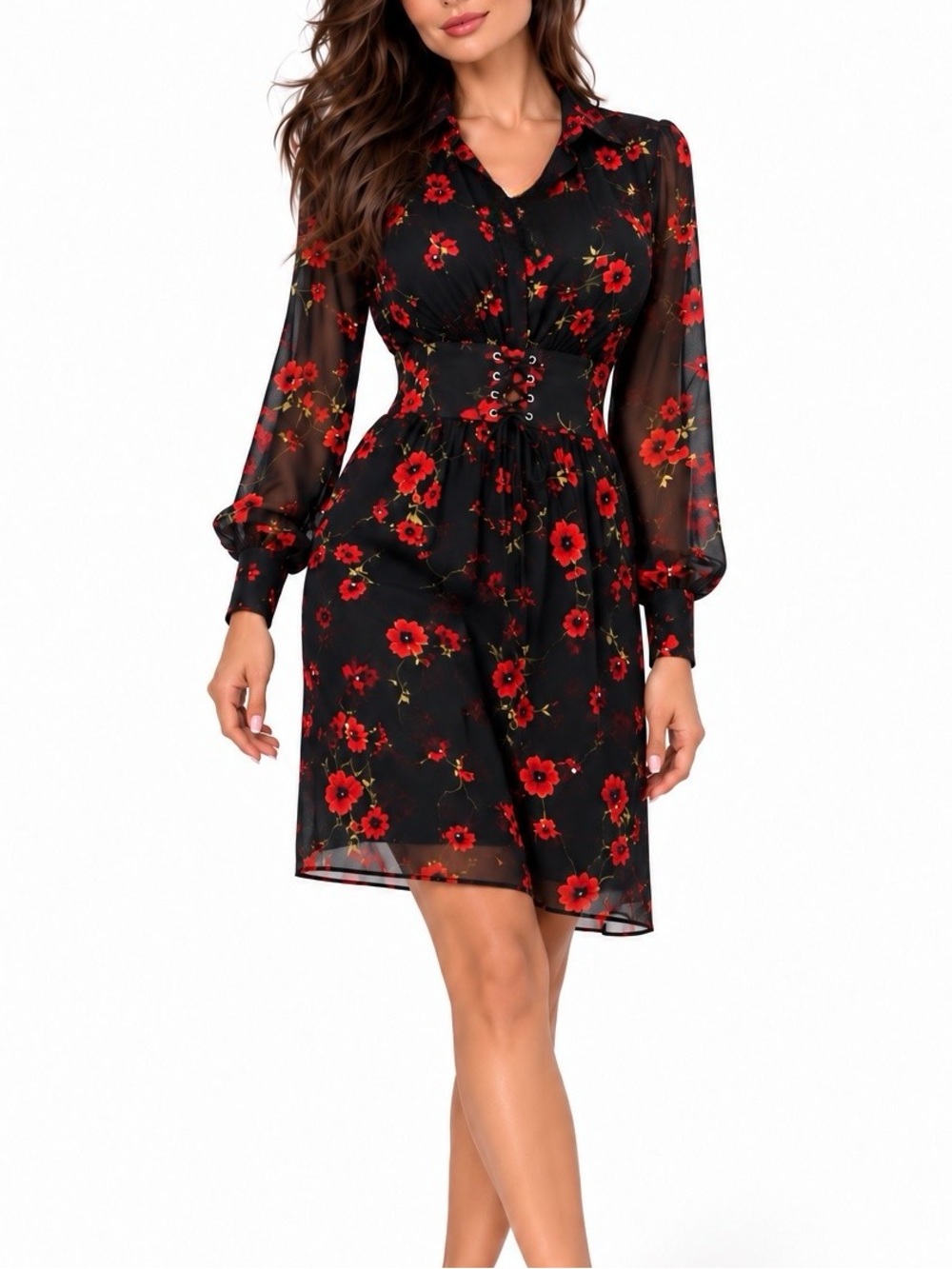 Black Red Floral Corset Lace-Up Long Sleeve Dress M Size